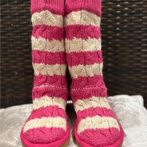 UGG Kids Pink and Cream Striped Knit Boots